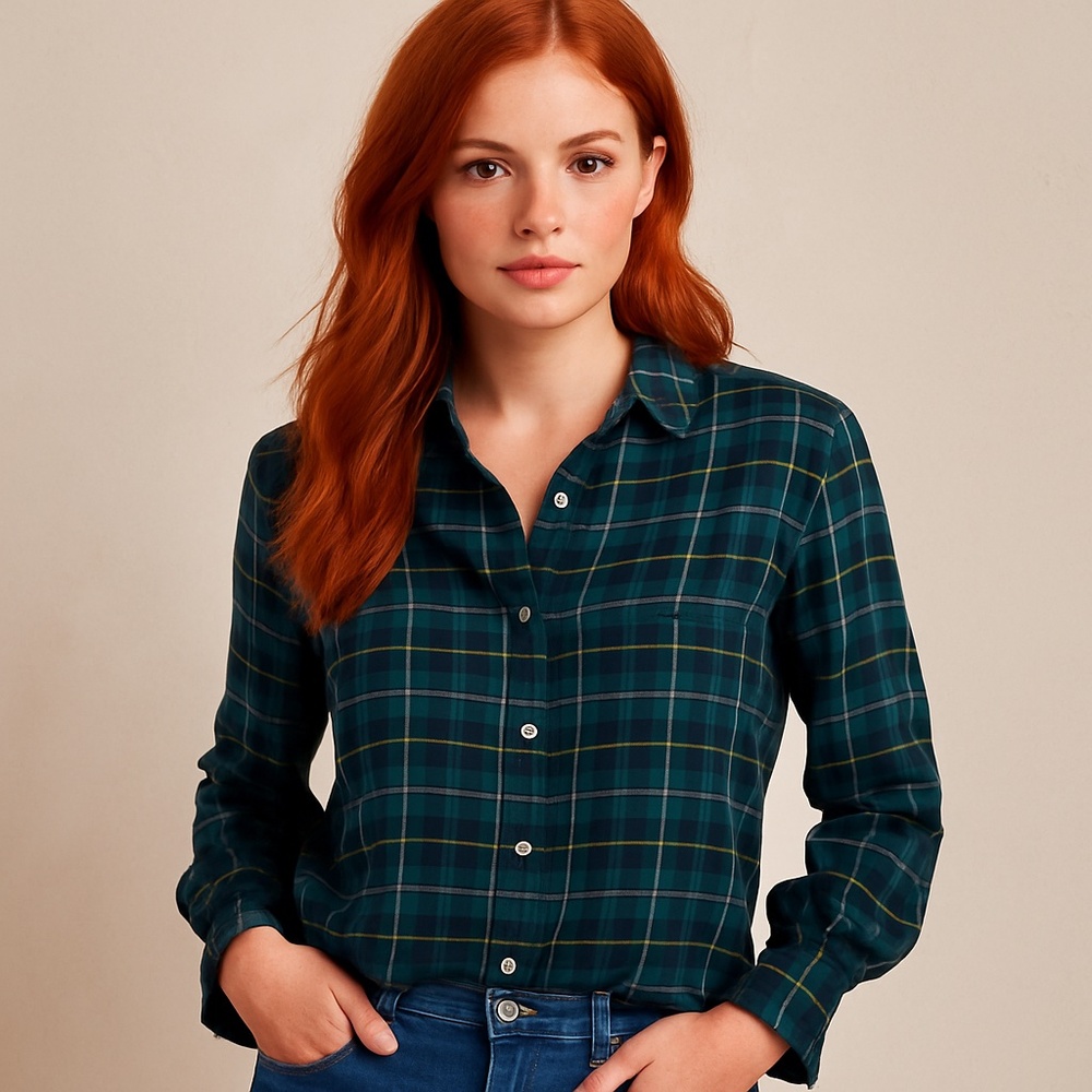 BANANA REPUBLIC DILLON SHIRT XS • BRUSHED COTTON PLAID • RUFFLED CUFF